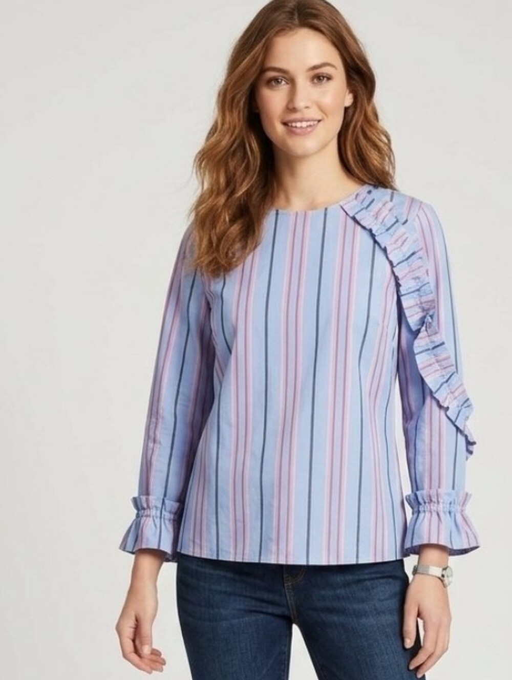 Halogen Blue Striped Ruffle Sleeve Blouse Size M